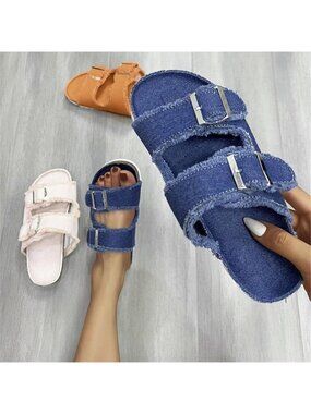 Raw Hem Open Toe Double Buckle Sandals